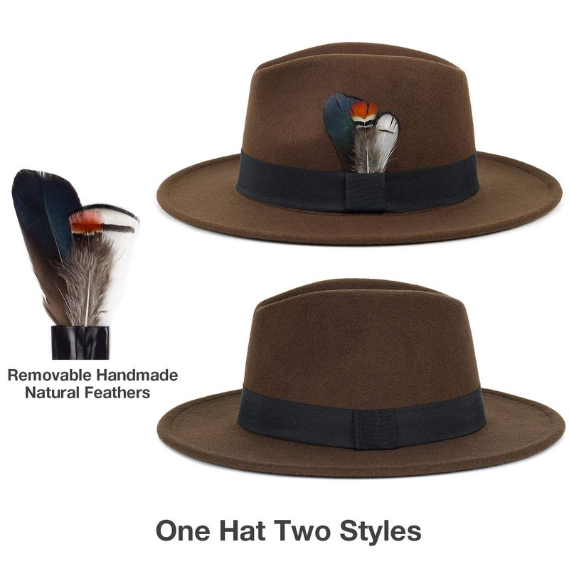 FADACHY Classic Fedora Hat for Men & Women Wide Brim Felt Hat Panama Dress Hat Brown Fedora, L Large XL - Image 2